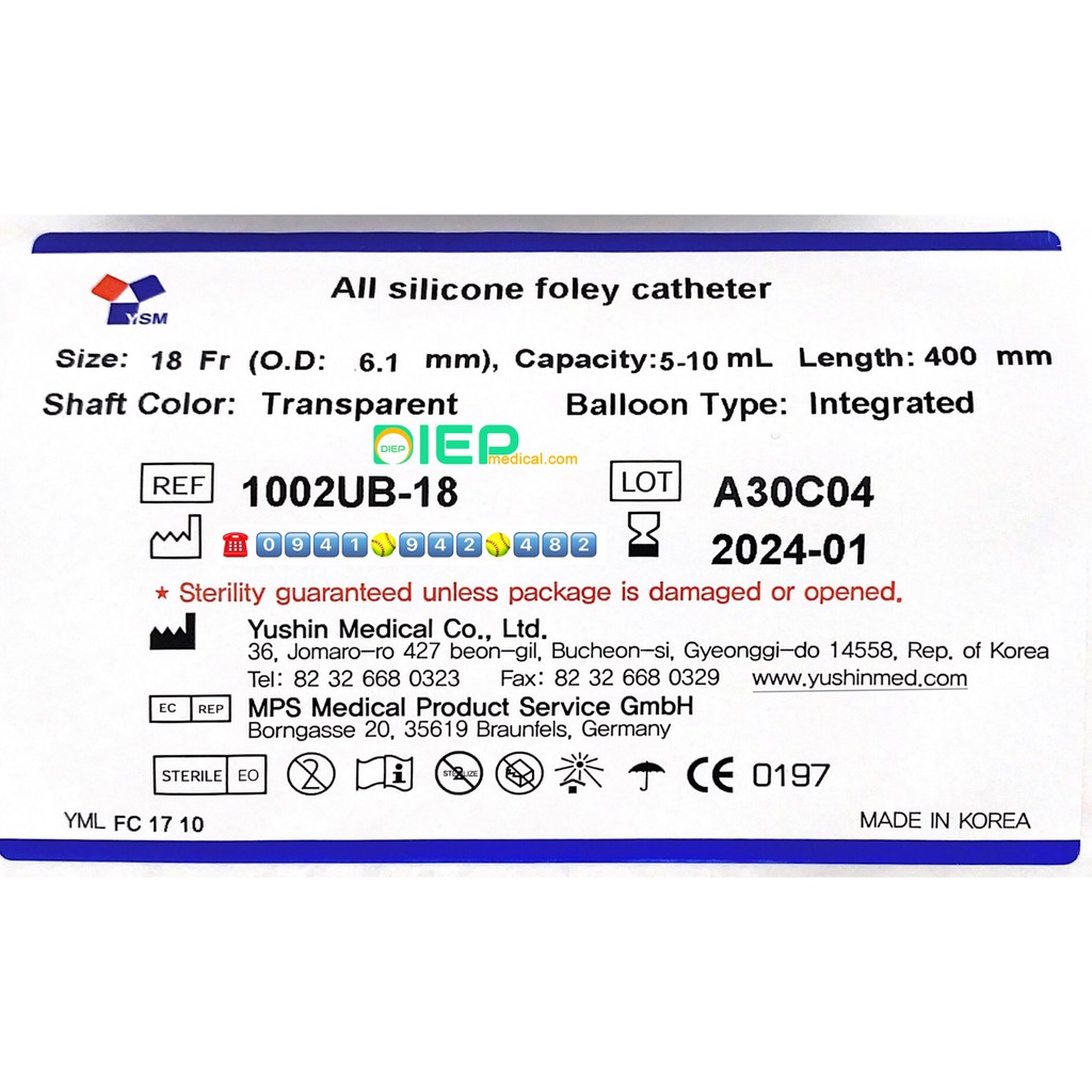 FOLEY SILICONE YUSHIN - Ống thông tiểu bằng  Silicone sử dụng 1 tháng (Chính hãng Yushin - Hàn Quốc)