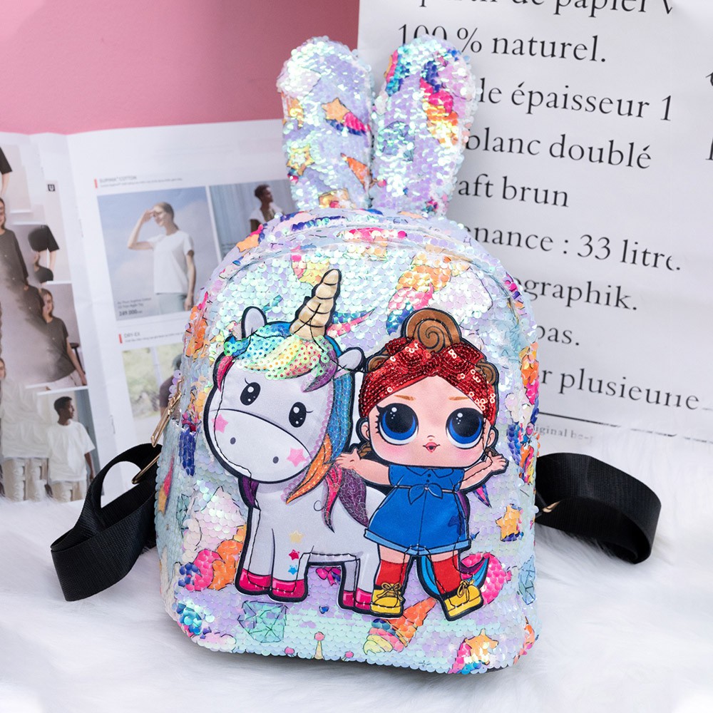 Balo trẻ em, balo cho bé tai thỏ kim tuyến hình ngựa pony và bé gái cực xinh