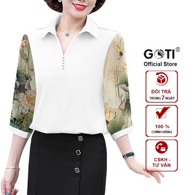 GOTI - Áo Lụa Trung Niên Nữ Che Bụng Cao Cấp Cổ Bẻ Big Size Nhiều Màu Trơn Tay Lỡ Tặng Mẹ 3A23 3A33