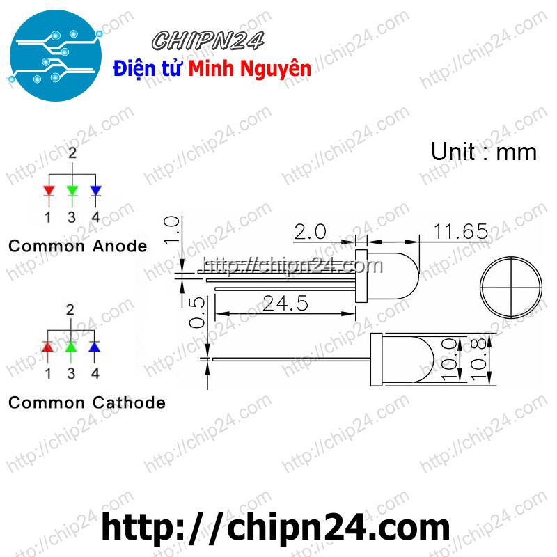 [5 CON] (TK1) Led 10mm Đục 7 Màu RGB 4 chân A chung