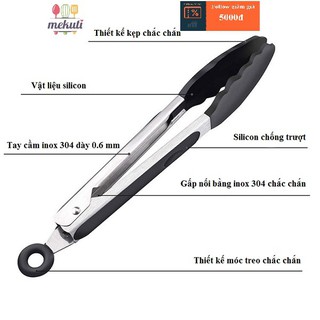 Kẹp gắp thức ăn silicone tay cầm inox 304 dày 0.6mm chống trượt & chống dính