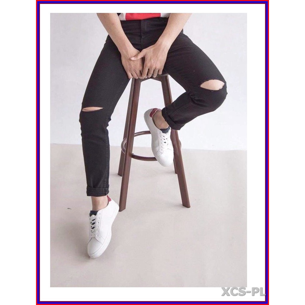 Quần jean nam cao cấp ĐEN RÁCH GỐI siêu đẹp không xù lông, không ra màu, chất giãn tốt rrgoi3-1.46