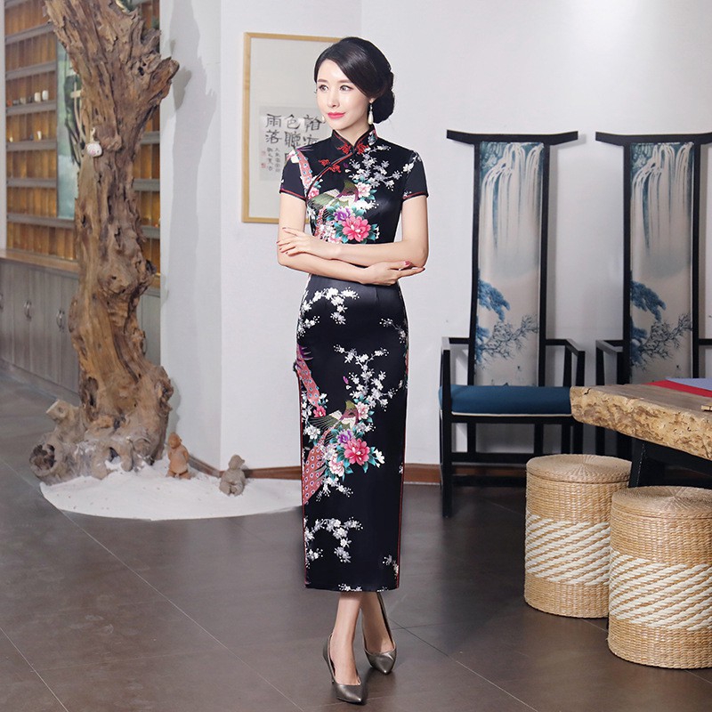 Chinese National Spring Cheongsam Long Dress Peacock Floral Vintage Silk Women Dresses | BigBuy360 - bigbuy360.vn