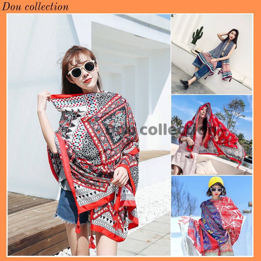 [Dou] Khăn Choàng Quàng Cổ Boho Đi Biển Vintage Họa Tiết Thổ Cẩm - Chất Liệu Cotton  - Size:90x180cm - Mã KC020