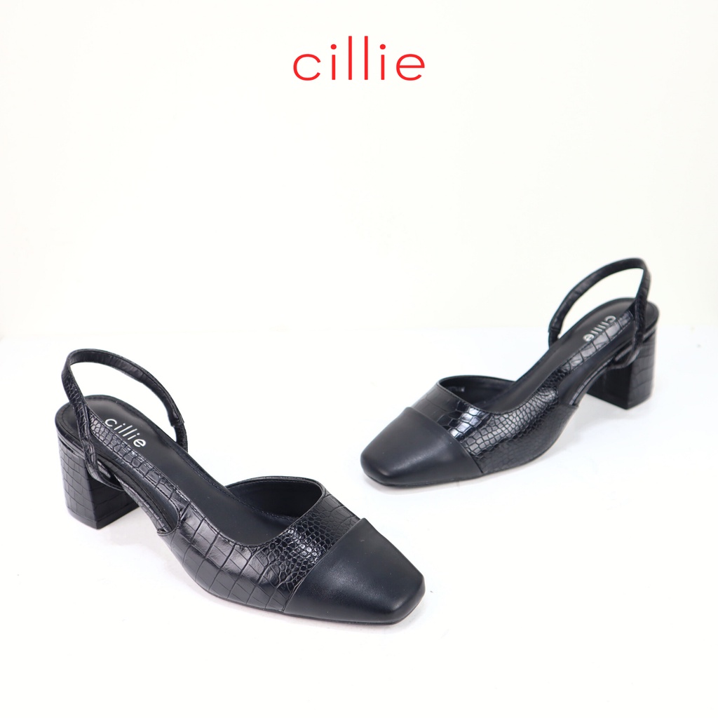 Giày sandal cao gót nữ mũi vuông phối vân sang trọng hở hậu gót trụ cao 5cm Cillie 1217