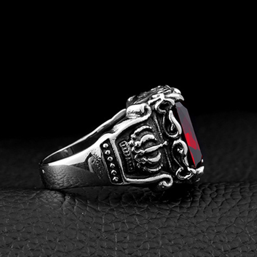 Nhẫn bằng thép titan đính đá ruby màu đỏ thời trang cá tính cho nam