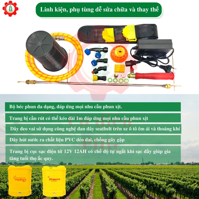 Bình phun khử khẩn, diệt khuẩn KUBOTA 20L 12V 12AH | 2 bơm | Công nghệ Thái Lan | Bình xịt điện