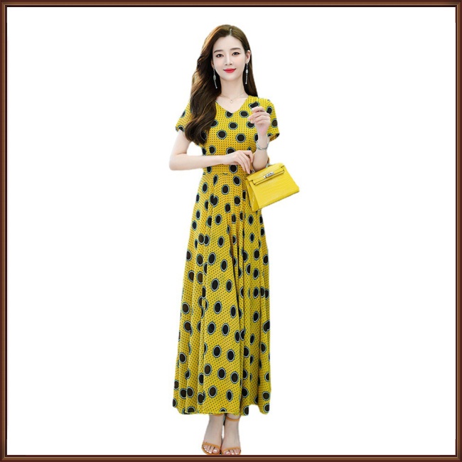 Đầm Đi Biển Tay Ngắn Cổ Chữ V Họa Tiết Chấm Bi Phong Cách Retro Dành Cho Nữ