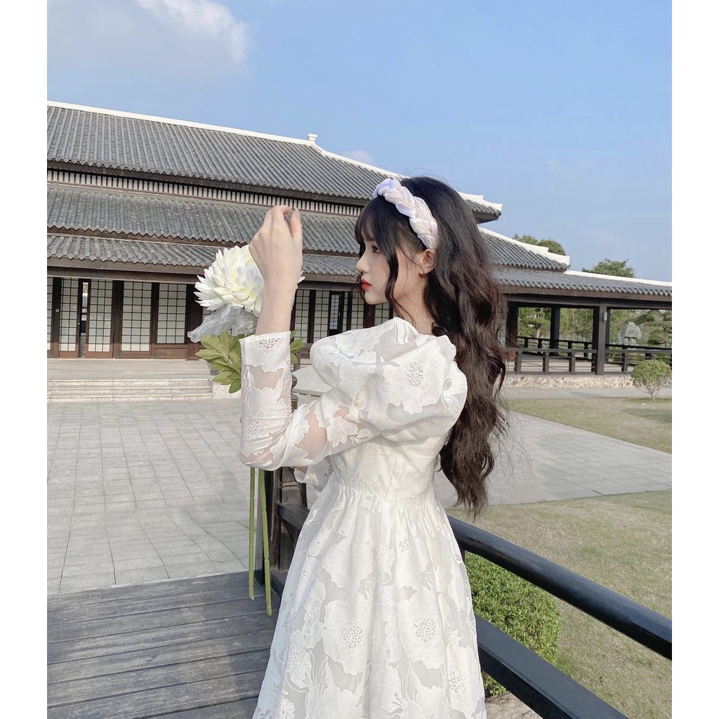 Váy trắng tiểu thư Pretty In Rosé Dress Cúp ngực tay phồng họa tiết sáng da form chuẩn tôn dáng | BigBuy360 - bigbuy360.vn