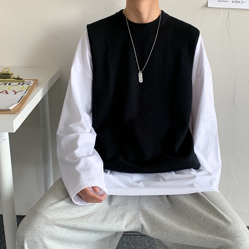 Áo gile len nam form rộng thời trang học sinh hàn quốc áo sweater len nam không tay xẻ tà bigsize thòi trang đi học 2021