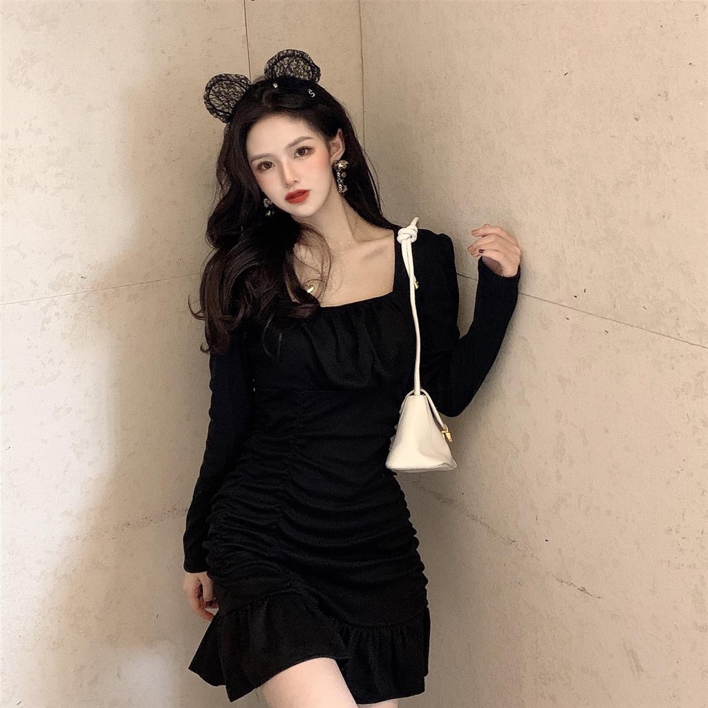 COZOK Đầm tay dài cổ vuông phong cách vintage thời trang