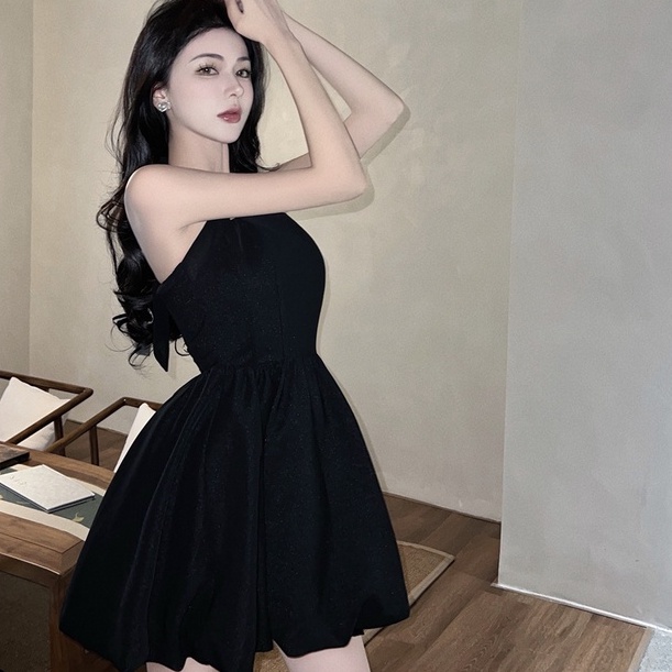 Đầm hai dây ZHELIHANGFEI màu đen thiết kế quyến rũ thời trang