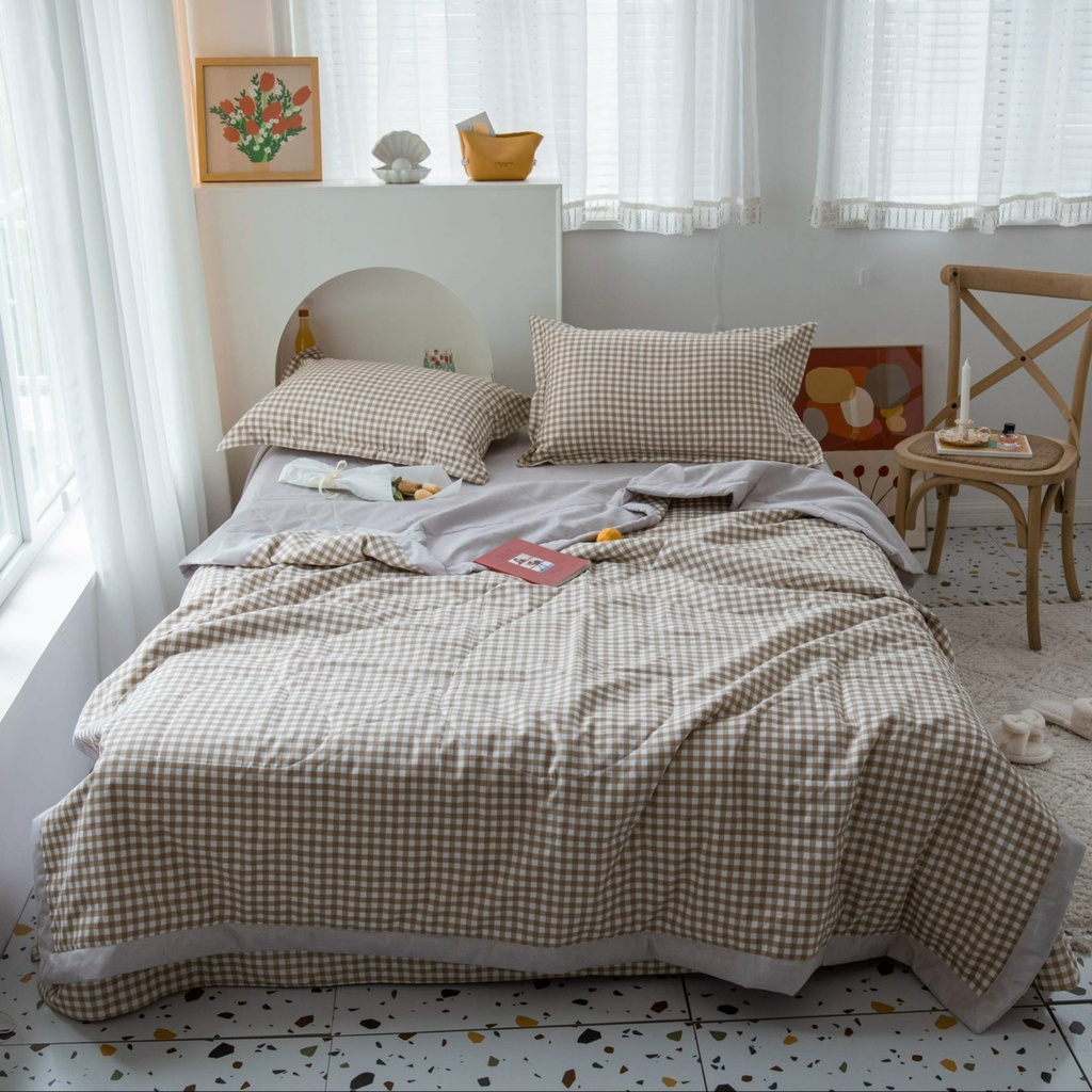 (HÀNG MỚI- Chất Đẹp ) Bộ Chăn Ga Gối Cotton Đũi✨ m6/m8/2m - Full size Tiệm Nhà Mêu✨ 2 Vỏ gối ,drap ,chăn chần Basic Caro | BigBuy360 - bigbuy360.vn