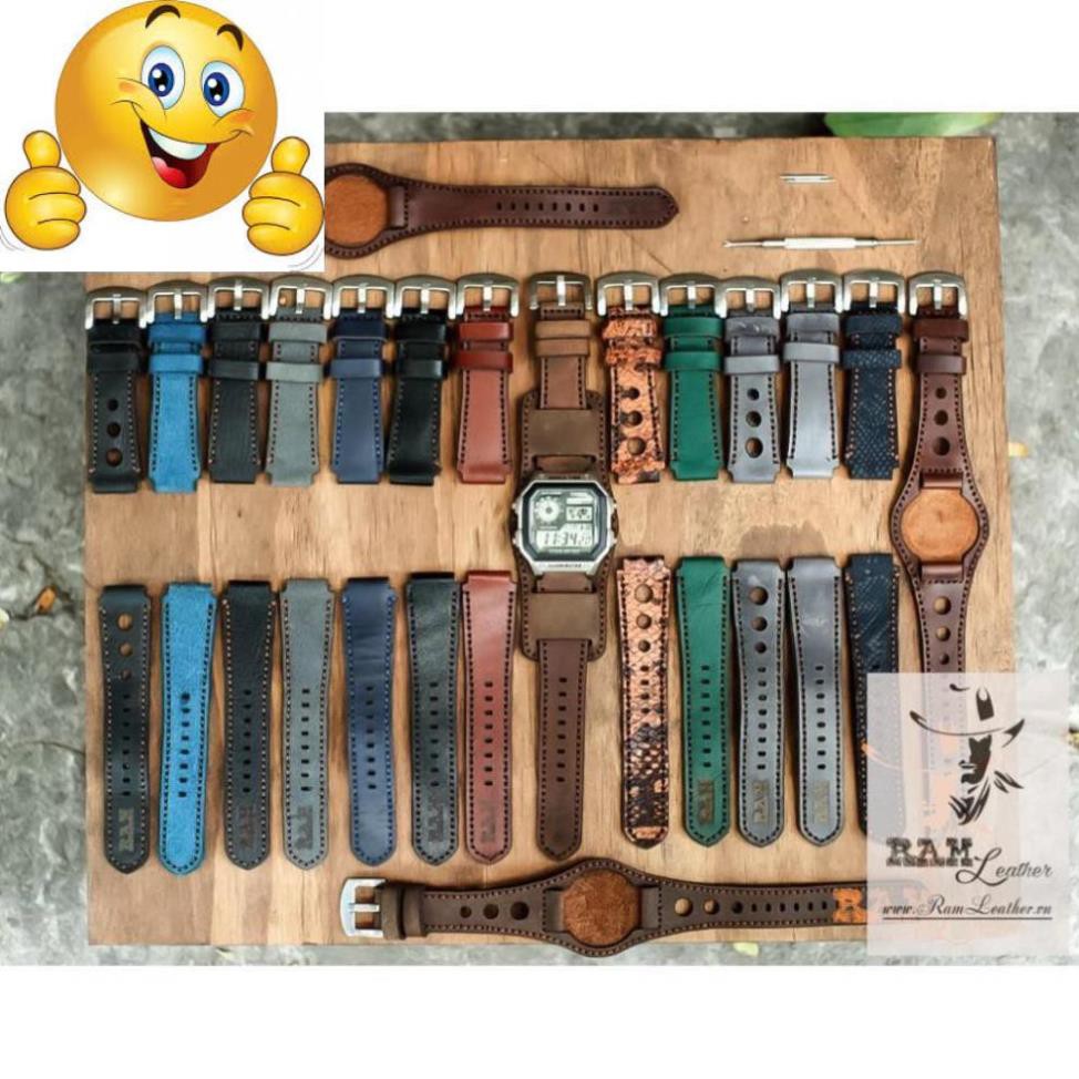 DÂY DA BÒ VÂN CÁ SẤU NÂU CHO CASIO AE 1200 / SEIKO 5/ ORIENT SK - CHÍNH HÃNG RAM LEATHER .