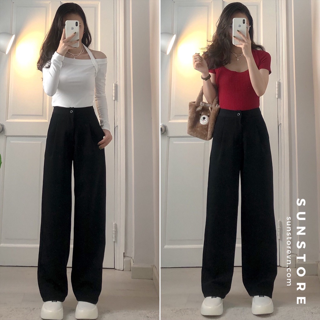 Quần culottes ống rộng suông dài chất dày cao cấp lưng cao cài nút Sun pant hình thật