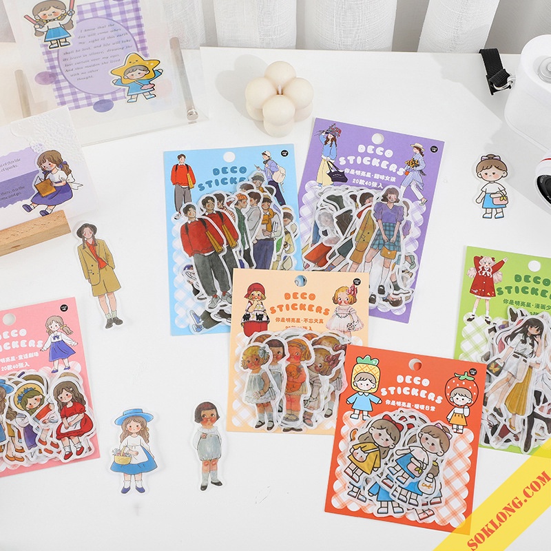 Set 40 sticker girl Sổ KLONG, boy street style - nhãn dán cô gái chàng trai đa dạng STI47