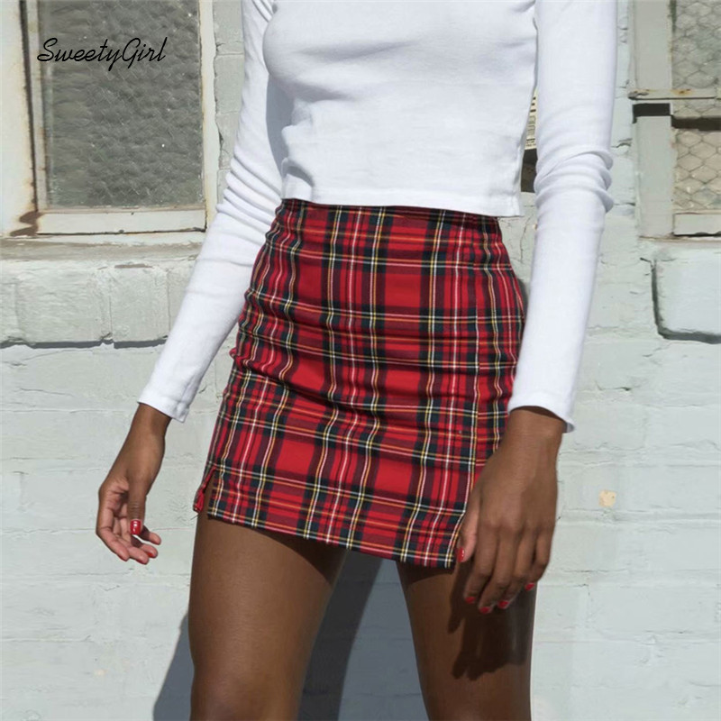 Chân Váy Lưng Cao Hoạ Tiết Sọc Ca Rô Phối Khoá Kéo Thiết Kế Xẻ Quyến Rũ