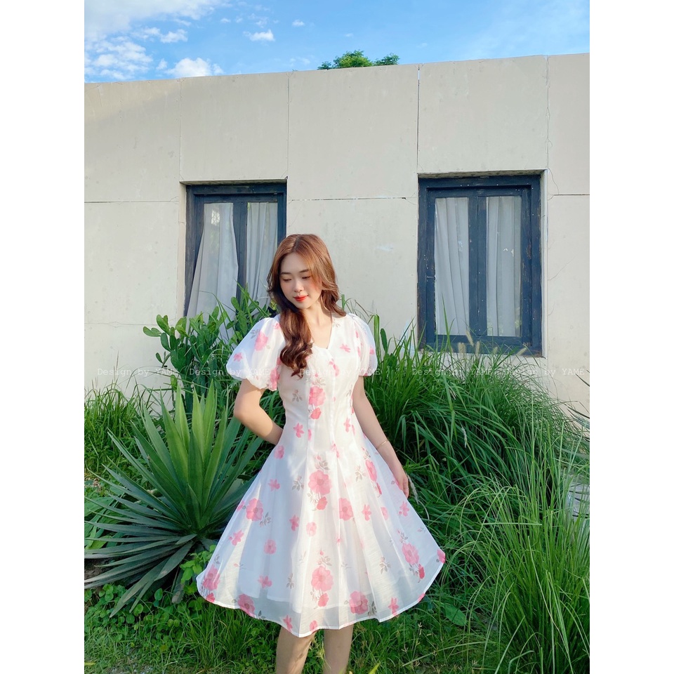 Váy tơ hoa cổ V tay bồng phong cách Hàn quốc dáng chữ A thiết kế tiểu thư nhẹ nhàng Pansy Blue trắng YAME