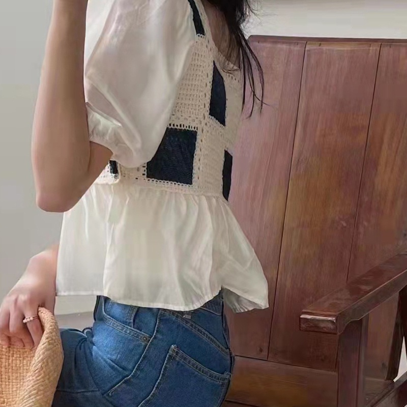 Brroa Áo Kiểu Tay Phồng Ngắn Cổ Vuông In Họa Tiết Hoa Phối Bèo Thời Trang Cho Nữ