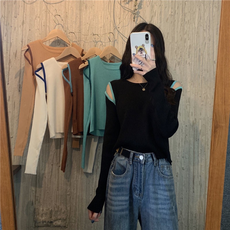 Áo sweater nữ Perty hở vai phối màu thời trang mới Hàn Quốc