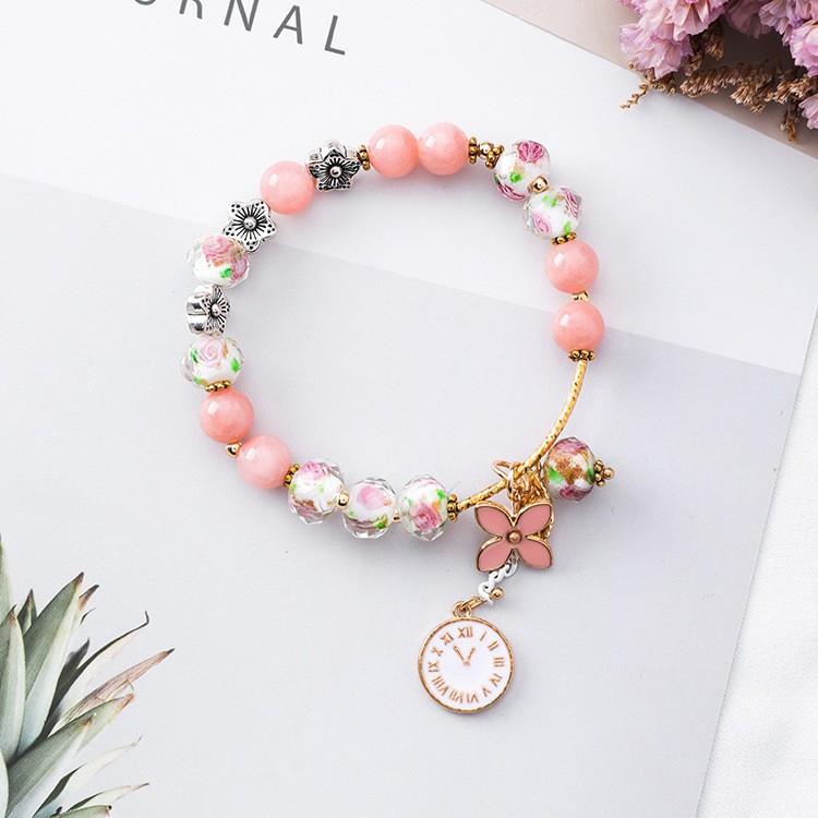 XiaoboACC Vòng Đeo Tay Kiểu Chuỗi Hạt Phối Mặt Hình Đồng Hồ Phong Cách Cổ Điển Dễ Thương Dành Cho Bạn Gái