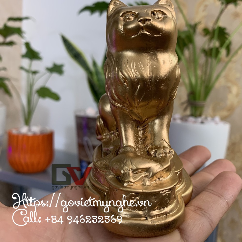 Tượng đá con Mèo cát tường trang trí phong thủy bàn làm việc - Cao 10cm - Màu nhũ đồng
