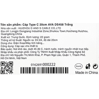 Cáp Type C 20cm AVA DS458 Trắng