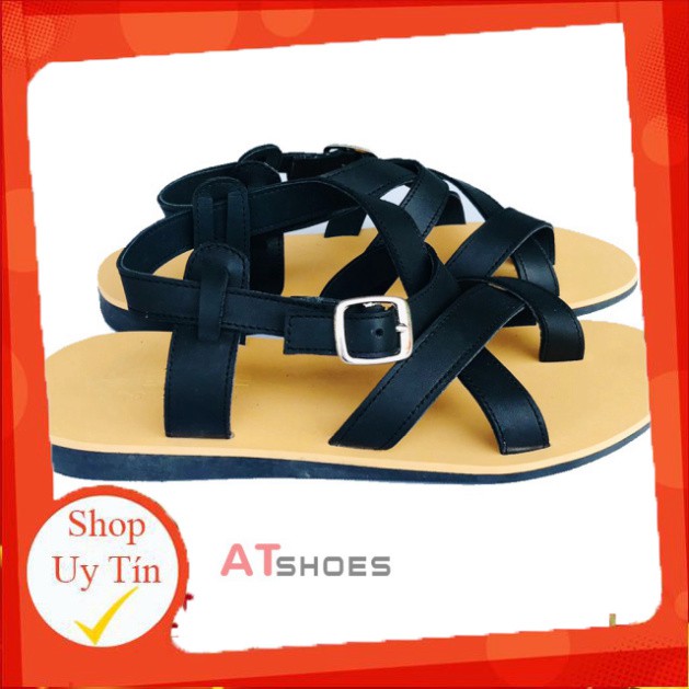 Dép Sandal Unisex cao cấp Da Bò Thật Sandal xỏ ngón nam nữ chuẩn kiểu Hàn Quốc Trẻ Trung Atshoes AT40(Đen Đế vàng)