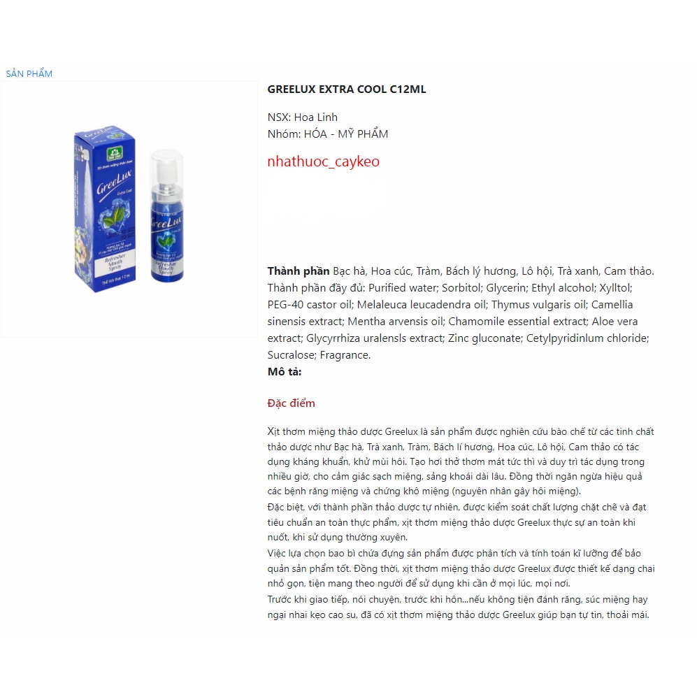Xịt thơm miệng Greelux Extra Cool c12ml