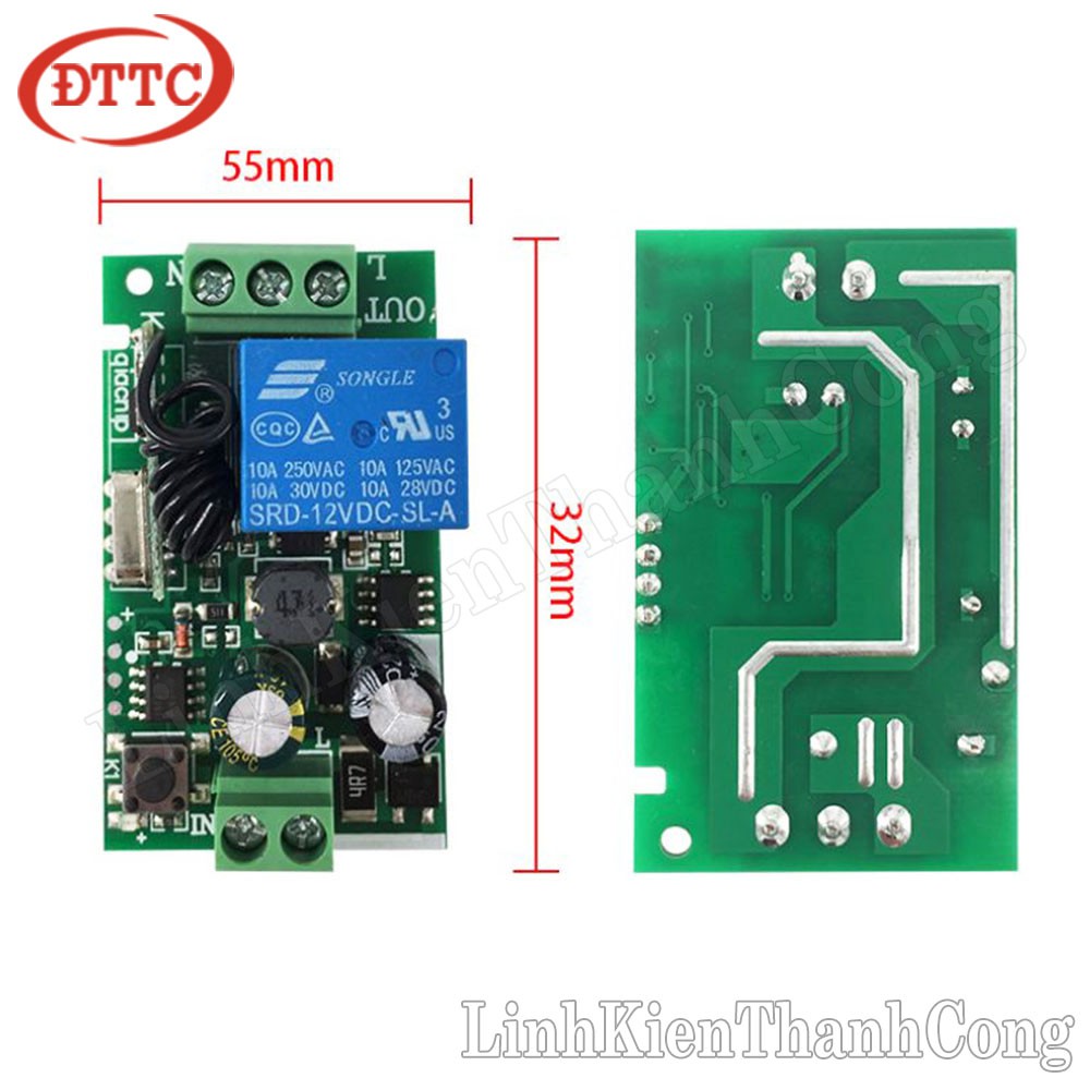 Bộ Điều Khiển Từ Xa RF Học Lệnh 1 Kênh 220VAC 10A (Tay Phát + Mạch Thu)