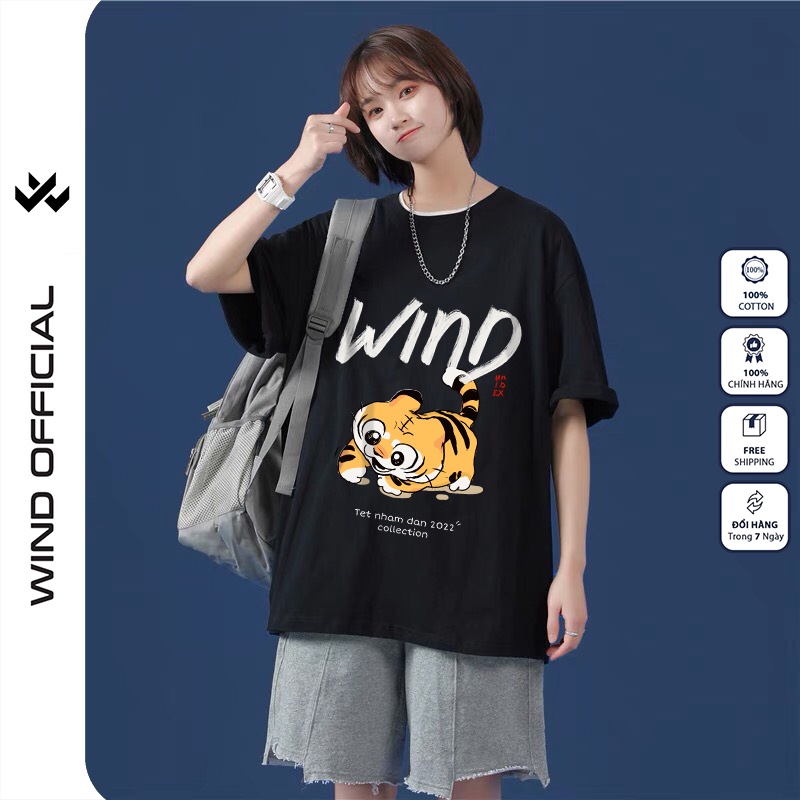 Áo thun tay lỡ unisex WIND 100% cotton phông form rộng Tết Con Hổ nam nữ oversize ulzzang