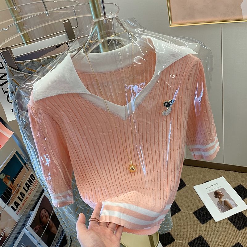 Áo polo Pure Cube ngắn tay bằng lụa lạnh dệt kim ôm dáng thời trang mùa hè dành cho bạn nữ