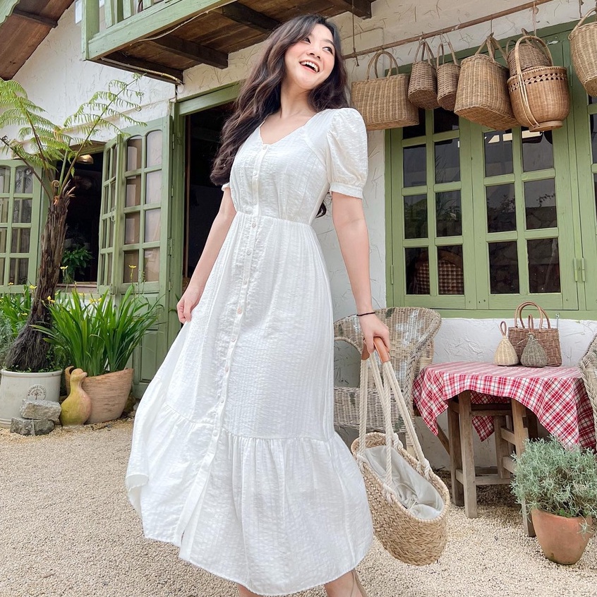 Đầm NAMIA - Đầm cổ tim dáng midi nẹp nút