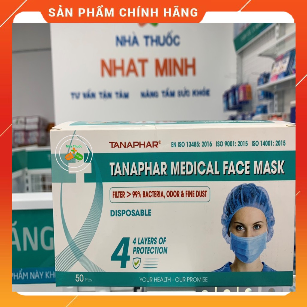 [Chính Hãng] Khẩu Trang Y Tế TANAPHAR 4 Lớp Kháng Khuẩn Cao Cấp, Hộp 50 Chiếc Màu Xanh