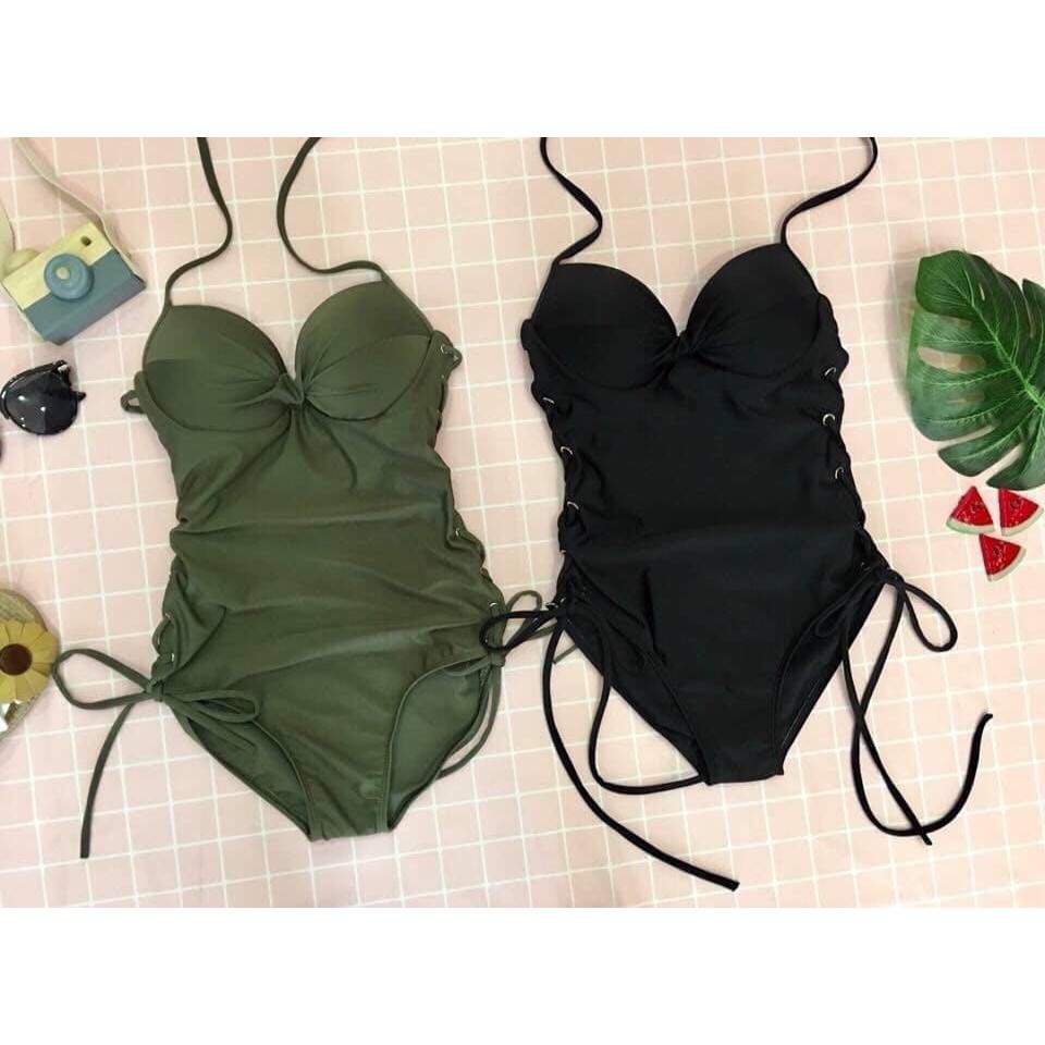 Bikini liền thân dập nút eo xanh rêu- Siêu tôn dáng, tôn da