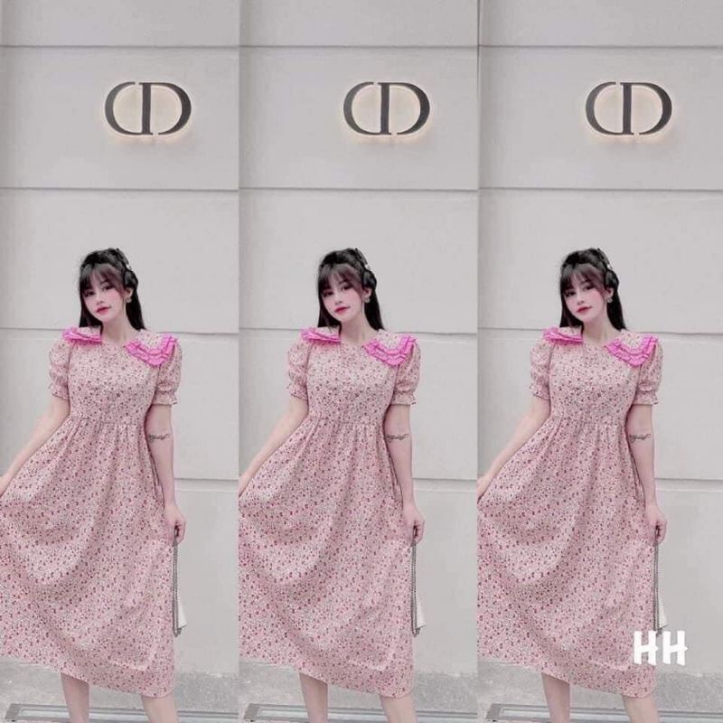 đầm babydoll hoa nhí tím cổ sen bèo viền hồng tay bo chun, chất liệu vải lụa cotton mềm mịn free size 44kg-60kg