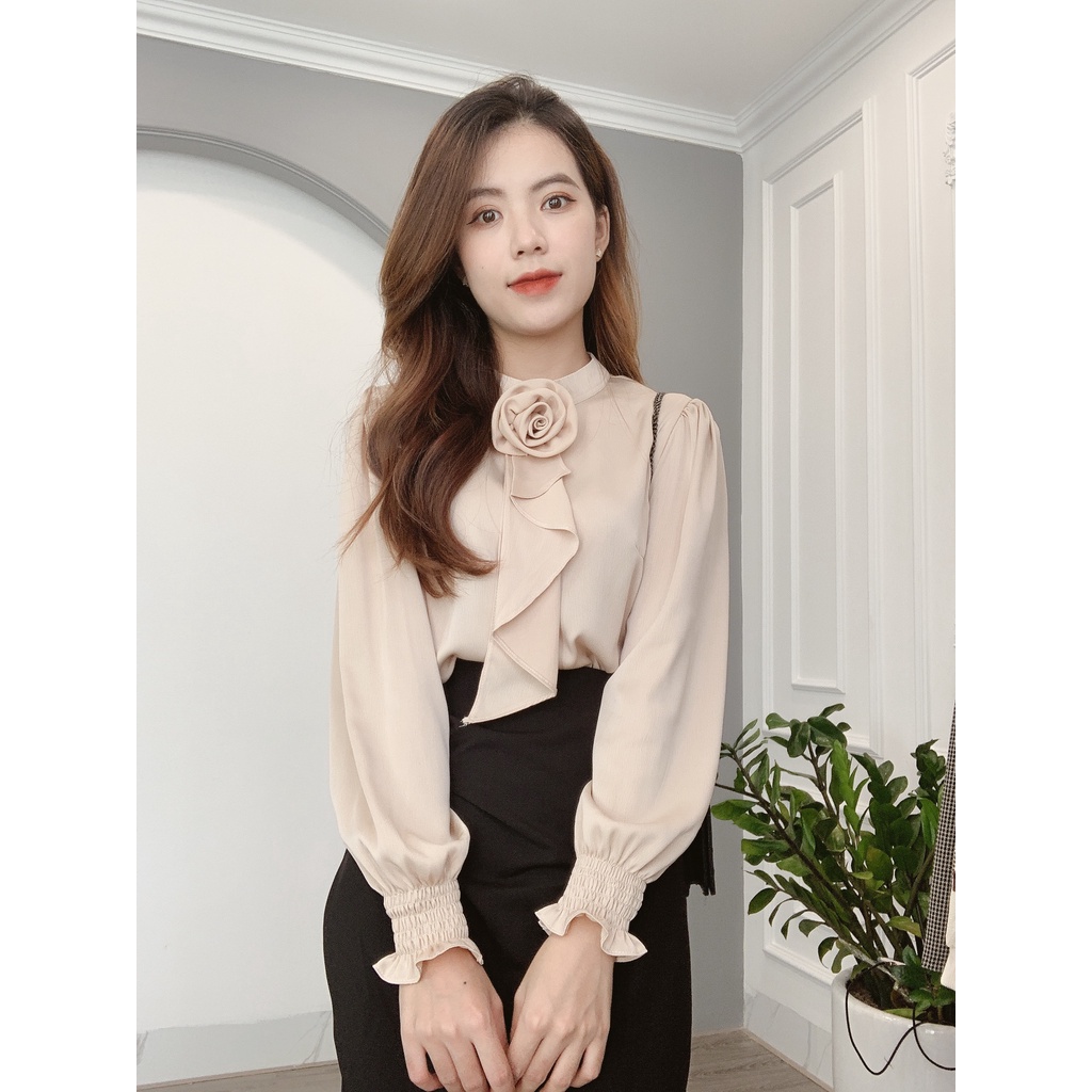 Áo Sơ Mi Lụa Tay Bo Kèm Tag Hoa Min House