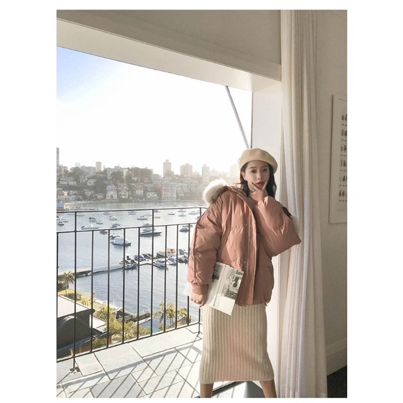 ÁO PHAO NỮ MŨ LÔNG THÂN NGẮN TAY VIỀN GÂN