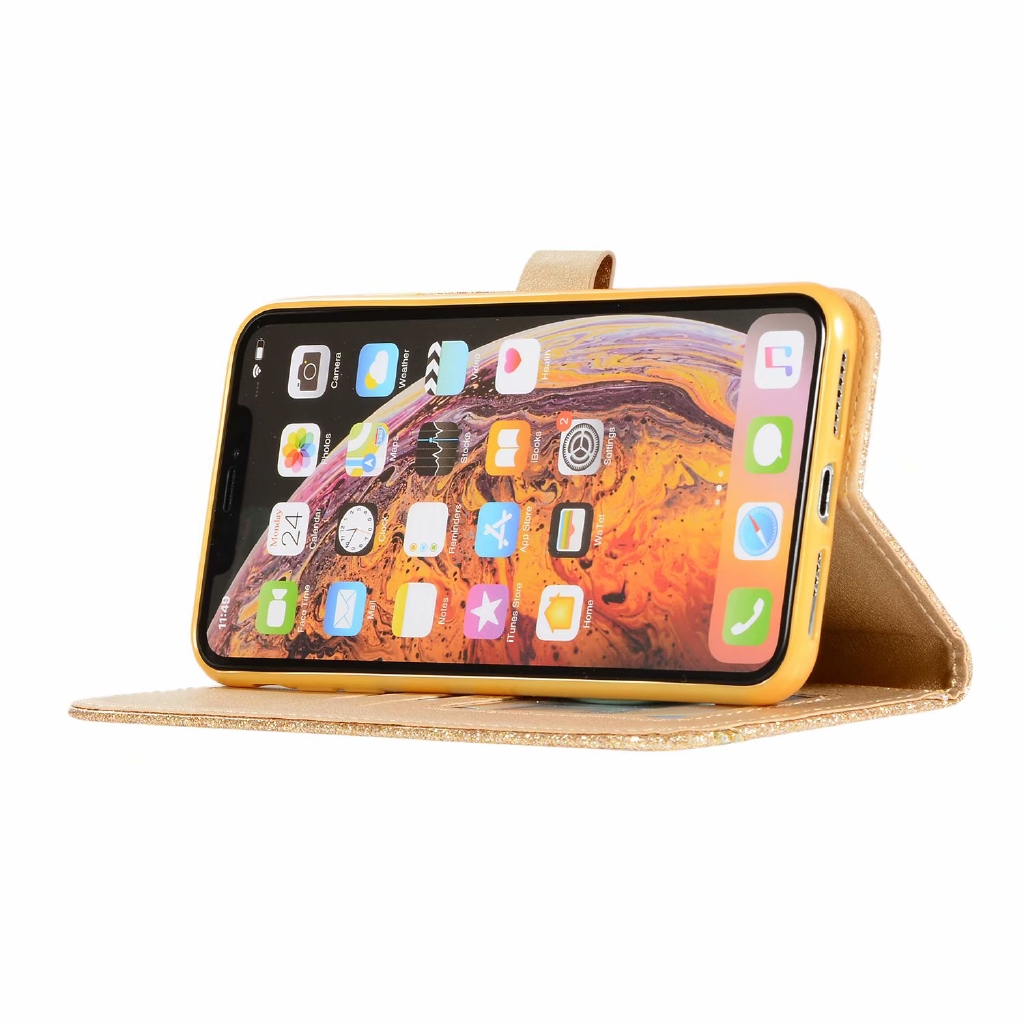 Bao da điện thoại kiểu ví gập đính kim cương lấp lánh sang trọng cho iPhone 11 Pro Max Xs Max 7 8 6 6S Plus