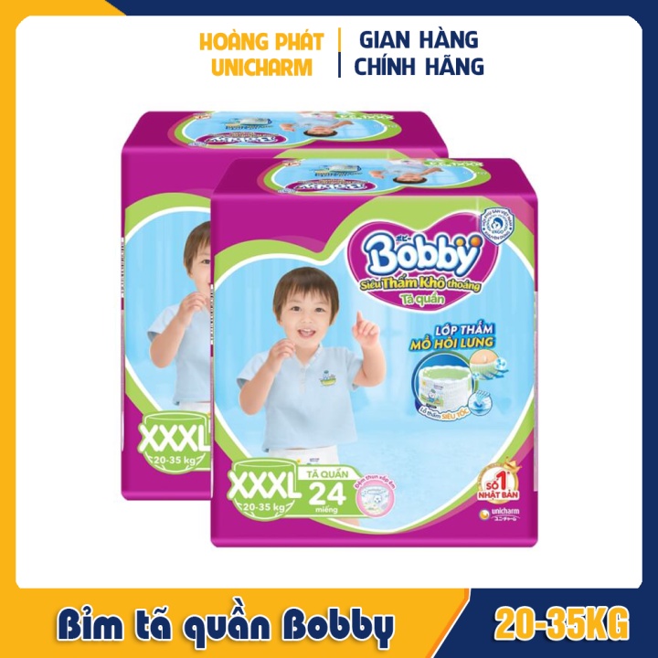 Bỉm tã quần Bobby size XXXL 24 miếng và 34 miếng cho bé từ 20-35kg