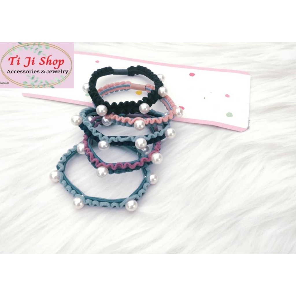 Dây Cột Tóc Thun Xếp Ly Đính Ngọc Trai Nhân Tạo Nhiều Màu Phong Cách Hàn Quốc Cho Nữ