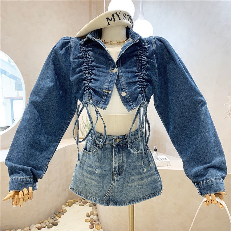 Áo khoác Denim dài tay phối dây rút thời trang mùa thu dành cho nữ | BigBuy360 - bigbuy360.vn
