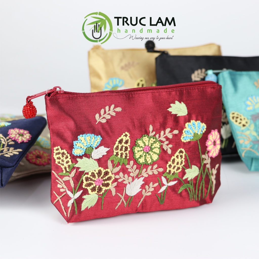 Ví Cầm Tay Túi Đựng Vải Tafta Họa Tiết Hoa Cỏ Thêu Tay - Trúc Lâm Handmade