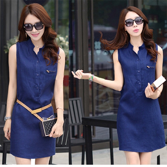 Đầm jean sát nách cổ trụ túi phối dây kéo bao xinhq