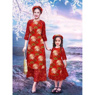 ⚡️ có big size 2XL ⚡️ AD241 Set Áo Dài Cách Tân MẸ VÀ BÉ họa tiết hoa lá màu đỏ đô