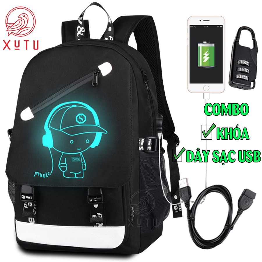 Balo nam nữ phát sáng trong đêm Xutustore hình Boy Music + Tặng cáp sạc USB xịn + Khóa số chống trộm cực HOT trend