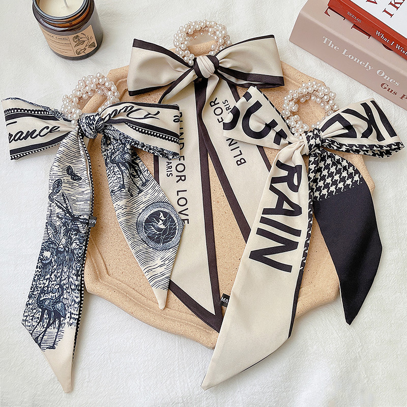 Dây buộc tóc scrunchies thắt nơ phối ngọc trai cho nữ