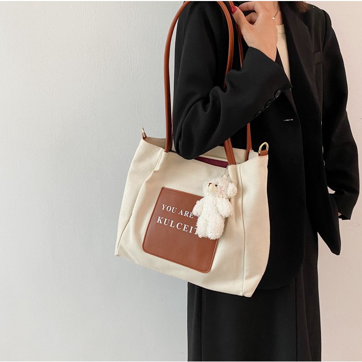 Túi tote vải cavan - túi xách nữ đeo vai, size to, phong cách vintage, retro - Tặng kèm móc khóa gấu - TX017