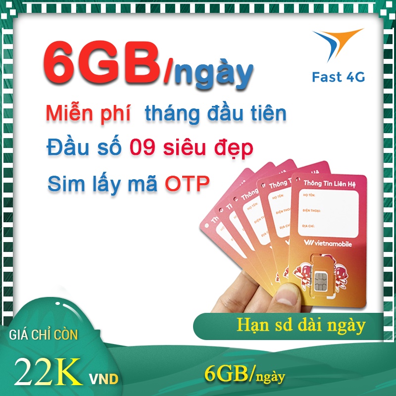 Sim Data 4G Vietnammobile 180GB/ tháng tốc độ cao, Sim Shopee, Sim đăng ký tài khoản, Đầu 09 đẹp