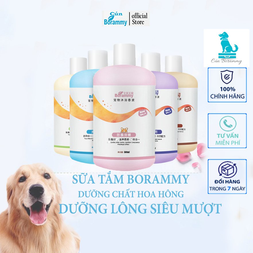 Sữa tắm cho chó mèo BORAMMY dưỡng chất hoa hồng nuôi dưỡng lông loại 500ml